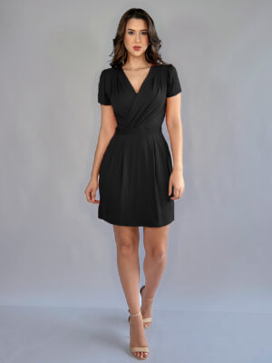 Vestido Curto Transpassado Soltinho Acinturado Manga Curta Elegante Linha Luxo (3)